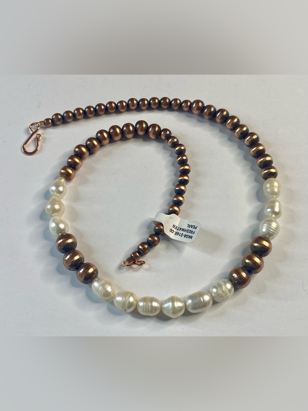 Copper Ball Freshwater Pearl Graduated Bead Necklace Southwest BOHO Beach NEW